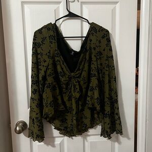 Floral Olive Green Blouse with Black Accents